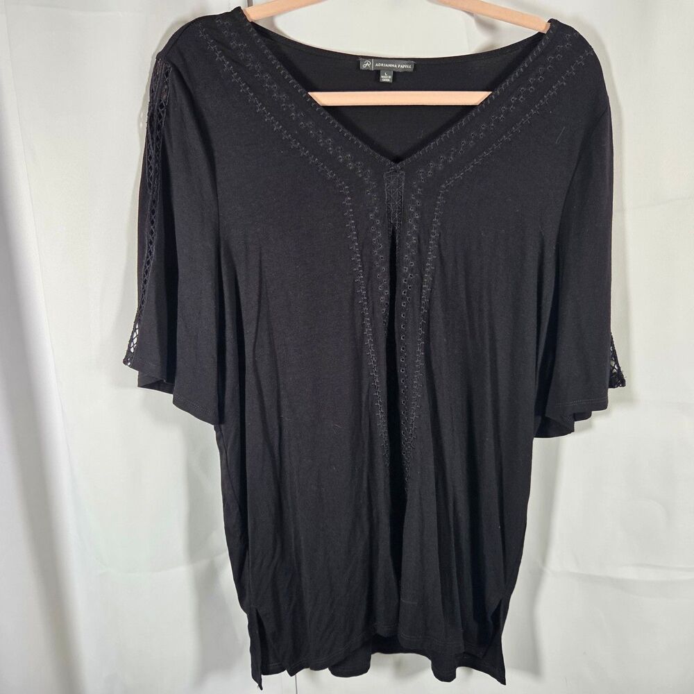 Adrianna Papell Black Slit Sleeve V-Neck Tunic‎ Viscose Spandex Women's L
